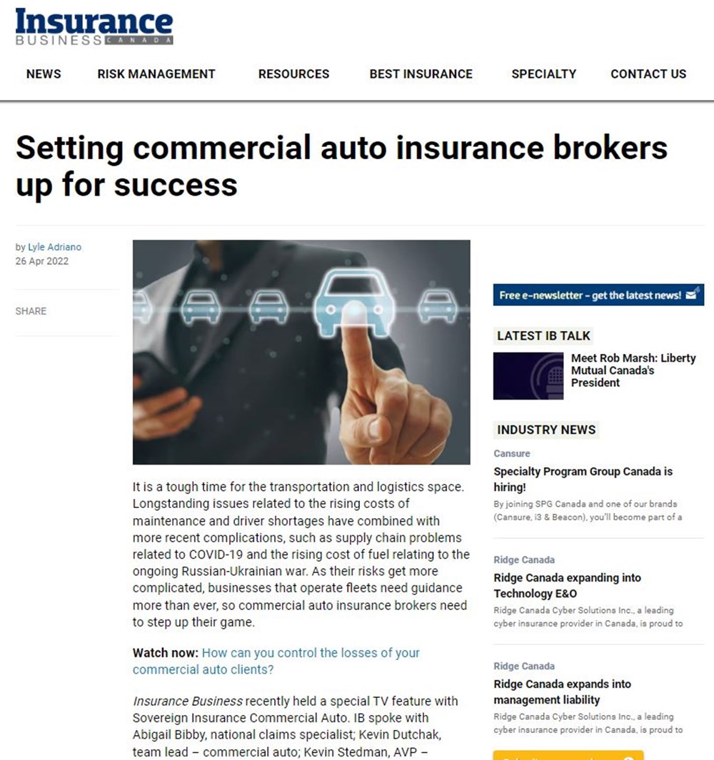 Une capture d'écran de l'article en anglais "Setting commercial auto insurance brokers up for success"